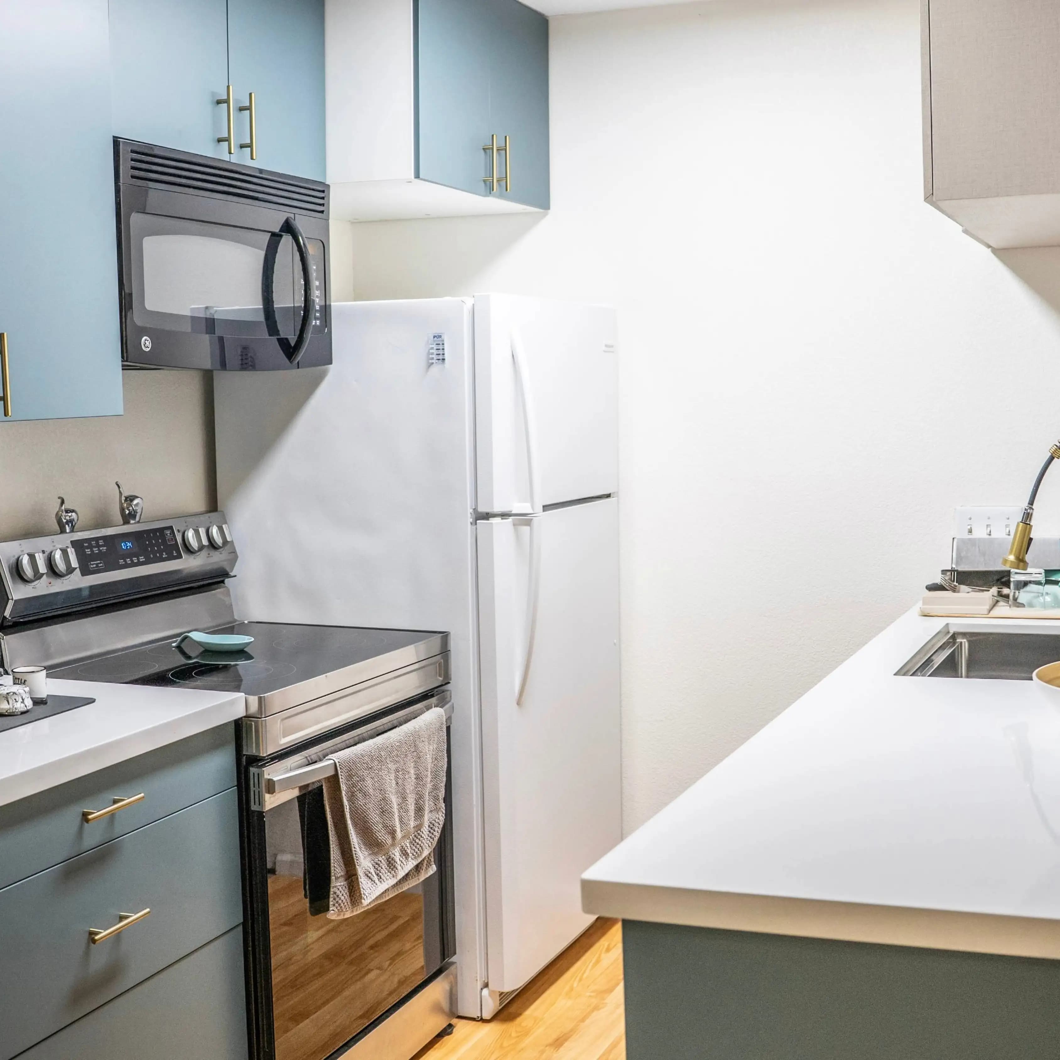 A freshly cleaned kitchen with spotless counters and appliances